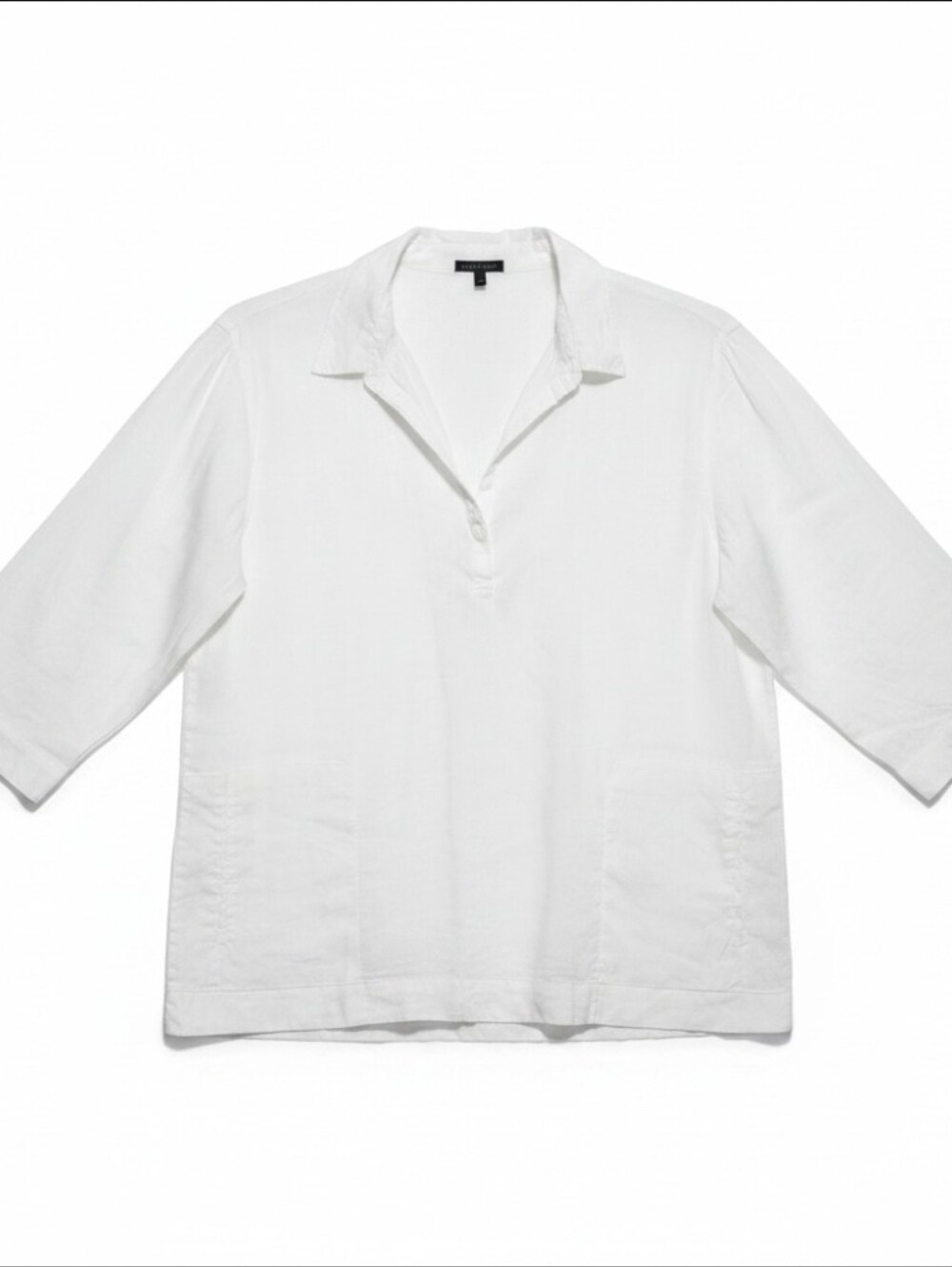 Eileen Fisher White Linen Cotton Split Neck Popover Blouse Boxy Pockets Medium